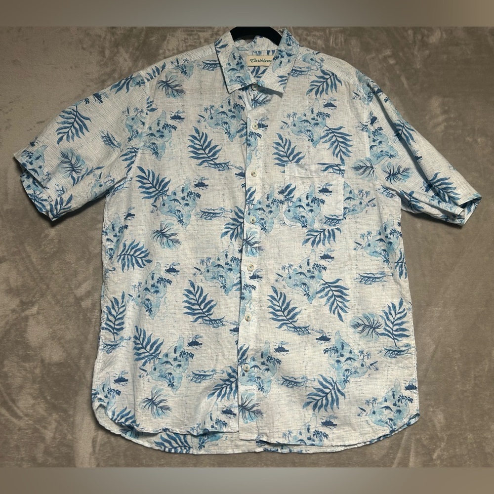 Caribbean Button Down Short Sleeve Linen Cotton Shirt Men’s Large Tropical Blue